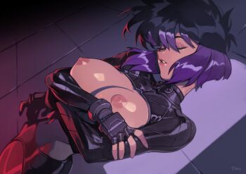 against_wall arms_under_breasts artist_name black_bodysuit black_gloves bob_cut bodysuit breast_cutout breasts closed_eyes commentary dutch_angle english_commentary fingerless_gloves ghost_in_the_shell gloves hair_between_eyes high_collar highres inverted_bob kusanagi_motoko large_breasts long_sleeves nipples optionaltypo parted_lips pink_lips purple_hair red_light short_hair signature standing