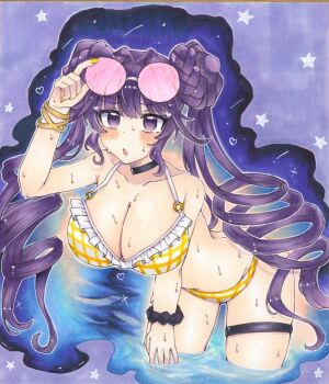 1girl bikini blush bracelet braid breasts bun_with_braided_base cleavage collarbone duel_monster frilled_bikini frills ichinose_haruka jewelry leaning_forward long_hair marker_(medium) open_mouth purple_eyes purple_hair scrunchie selettrice_vaalmonica solo swimsuit thigh_strap traditional_media twin_braids twintails very_long_hair wet wrist_scrunchie yellow_bikini yellow_nails yu-gi-oh!