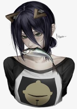 1girl 20_r1ri animal_ears bell black_hair black_sleeves blush cardboard_costume cat_ears chainsaw_man collarbone commentary cropped_torso english_commentary english_text eyelashes fish fish_in_mouth green_eyes half_up_bun highres long_eyelashes looking_at_viewer meowing print_shirt reze_(chainsaw_man) shirt simple_background solo solo_focus tape tearing_up tears white_background white_shirt