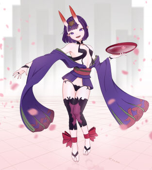 1girl absurdres alcohol breasts cup fate/grand_order fate_(series) full_body highres horns japanese_clothes kimono looking_at_viewer mupp oni open_mouth petals purple_eyes purple_hair purple_kimono sakazuki sake short_hair shuten_douji_(fate) skin-covered_horns small_breasts smile solo thigh_gap toes