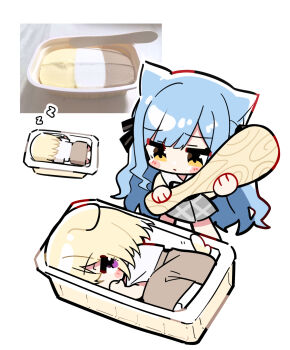 2girls animal_ears bang_dream! bang_dream!_it&#039;s_mygo!!!!! blonde_hair blue_hair brown_skirt cat_ears cat_girl chinese_commentary commentary_request dog_ears dog_girl dog_tail grey_skirt highres kemonomimi_mode long_hair medium_hair misumi_uika multiple_girls oversized_object oversized_spoon purple_eyes shirt sidelocks skirt spoon tail togawa_sakiko white_shirt yellow_eyes zhanzhangzlw