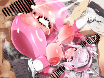 1girl 3boys :d absurdres after_vaginal aftersex alice_(nikke) animal_ear_headphones animal_ears anus bar_censor blush bodysuit breasts censored clothed_sex commentary_request commission covered_navel cum cum_in_pussy cum_on_body double_handjob ejaculation facial fake_animal_ears fat_mons female_orgasm gloves goddess_of_victory:_nikke grabbing_another's_ass grabbing_another's_breast groping group_sex handjob headphones headset hetero highres jacket kneepits long_hair lying missionary multiple_boys nipples on_back open_mouth orgasm orgy penis piledriver_(sex) pink_bodysuit pink_eyes pink_gloves puffy_nipples pussy red_jacket shimaten shiny_clothes shiny_skin shirt shoes skeb_commission skin_tight smile sneakers socks spread_legs twintails unaligned_breasts veins veiny_arms veiny_penis white_hair white_shirt white_socks