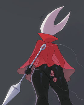 1girl absurdres anal anal_beads anal_object_insertion arthropod_girl black_skin bottomless cloak colored_skin highres holding holding_weapon hollow_knight hollow_knight:_silksong horned_mask hornet_(hollow_knight) jagalxh mask needle_(hollow_knight) object_insertion pussy red_cloak sex_toy simple_background solo standing weapon white_mask