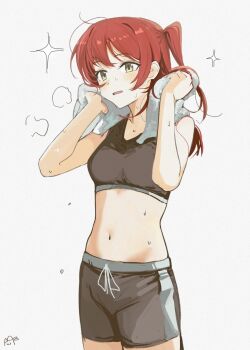 1girl black_shorts black_sports_bra blush bocchi_the_rock! chinese_commentary commentary_request green_eyes haidao_mao highres kita_ikuyo long_hair navel one_side_up open_mouth red_hair shorts simple_background solo sports_bra stomach white_background