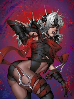 1girl absurdres armor artist_name ass black_armor black_bodystocking black_gloves black_leotard black_lips black_sclera blue_background clothing_cutout colored_sclera commentary cowboy_shot dark_persona fantastic_four gloves hashtag-only_commentary highres leotard long_hair looking_back looking_to_the_side malice_(sue_storm) marvel marvel_rivals midriff navel official_alternate_costume parted_lips pauldrons red_background red_eyes red_scarf redgreengoblin scarf shoulder_armor solo spiked_pauldrons spikes stomach_cutout sue_storm symbol-only_commentary thigh_strap white_hair