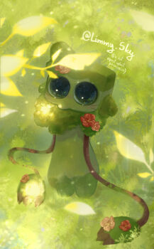 1boy black_eyes claws colored_skin commentary dandy's_world day english_commentary facial_mark fewer_digits film_grain flower from_above full_body goob_(dandy's_world) green_skin green_theme highres instagram_username leaf light_particles limmysky long_arms looking_at_viewer looking_up male_focus no_eyebrows no_nose official_alternate_color official_alternate_costume official_alternate_skin_color outdoors overlighting pout red_flower roblox solo sparkle standing watermark whisker_markings
