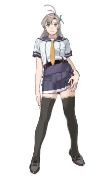 Rule 34 | 1girl, absurdres, antenna hair, black shoes, black thighhighs, breasts, full body, green eyes, grey hair, hair tie, highres, kantai collection, kinugasa (kancolle), loafers, looking at viewer, ojipon, purple sailor collar, purple skirt, sailor collar, school uniform, serafuku, shoes, short sleeves, side slit, simple background, skirt, solo, standing, thighhighs, white background