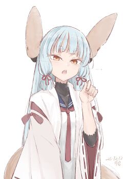 Rule 34 | 1girl, adapted costume, black sailor collar, blunt bangs, blunt tresses, dress, floating headgear, grey hair, hair ribbon, haori, headgear, highres, hikashima (shiofune), japanese clothes, kantai collection, murakumo (kancolle), necktie, orange eyes, red necktie, ribbon, sailor collar, sailor dress, simple background, solo, tress ribbon, white background, white haori