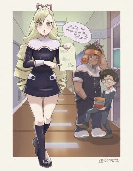 1girl 2boys absurdres artist_name blonde_hair book bow brown_hair bud_bison_(mega_man) caruel_art glasses hair_bow hand_in_pocket highres holding holding_book long_hair luna_platz_(mega_man) mega_man_(series) mega_man_star_force_(series) mega_man_star_force_4 multiple_boys red_bow school school_uniform speech_bubble very_long_hair zack_temple_(mega_man)