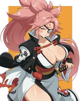 Rule 34 | 1girl, artist name, baiken, big hair, border, breasts, commentary, eyepatch, facial tattoo, forehead tattoo, guilty gear, highres, japanese clothes, katana, kimono, large breasts, long hair, looking at viewer, orange background, outside border, pink eyes, pink hair, sash, scar, scar across eye, scar on face, sheath, sheathed, solo, sword, tattoo, very long hair, vizaz, weapon, white border, white kimono