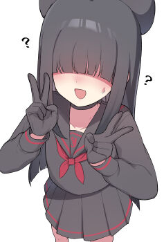 1girl :d ? absurdres beret black_choker black_gloves black_hair black_hat black_sailor_collar black_serafuku black_shirt black_skirt blue_archive blush choker collarbone commentary_request double_v faceless faceless_female facing_viewer gloves hair_over_eyes hands_up hat highres justice_task_force_member_(blue_archive) long_sleeves neckerchief open_mouth paingumi pleated_skirt puffy_long_sleeves puffy_sleeves red_neckerchief sailor_collar school_uniform serafuku shirt simple_background skirt smile solo standing v white_background