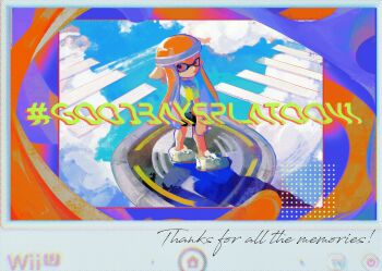 Rule 34 | 1girl, absurdres, bike shorts, black shorts, blue sky, closed mouth, cloud, english text, game console, hashtag, highres, inkling, inkling girl, inkling player character, long hair, looking back, nintendo, orange hair, pointy ears, red eyes, shirt, shoes, shorts, sky, solo, splatoon (series), splatoon 1, standing, sweatband, t-shirt, tentacle hair, white shirt, white shoes, wii u, wii u gamepad, zicbx