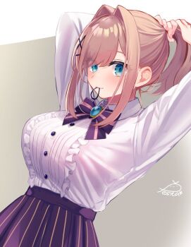 1girl adjusting_hair arms_behind_head arms_up artist_name black_skirt blue_eyes blush bow bowtie breasts brown_hair center_frills closed_mouth festa11307070 frills grey_background hair_intakes hair_tie_in_mouth large_breasts looking_at_viewer mouth_hold nijisanji ponytail purple_bow purple_bowtie shirt shirt_tucked_in skirt smile solo suzuhara_lulu suzuhara_lulu_(1st_costume) tented_shirt tying_hair virtual_youtuber white_shirt