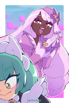 2girls absurdres apron arciarcy black_romper blush closed_mouth dark-skinned_female dark_skin dress fascinator gloves green_eyes green_hair hair_ornament highres jacinthe_(pokemon) juliet_sleeves lebanne_(pokemon) long_hair long_sleeves maid maid_apron maid_headdress mega_stone multiple_girls nintendo open_mouth pokemon pokemon_legends:_z-a puffy_sleeves purple_dress purple_eyes purple_hair romper smile teeth upper_teeth_only very_dark_skin white_gloves