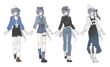 1girl alternate_costume animal_ear_headphones animal_ears artist_collaboration bare_shoulders black_bow black_shirt black_skirt blue_eyes blue_hat blue_jacket blue_shirt blue_shorts bow breasts brown_shoes cat_ear_headphones cat_ears closed_mouth collarbone commentary english_commentary fake_animal_ears fu_hua grey_hair grey_shirt hair_between_eyes hat hat_bow headphones highres honkai_(series) honkai_impact_3rd jacket jewelry long_hair long_skirt long_sleeves looking_at_viewer multiple_views necklace off-shoulder_shirt off_shoulder reference_sheet sang_sha shirt shoes shorts simple_background sketch skirt small_breasts smile very_long_hair white_background white_hat white_shirt zelian