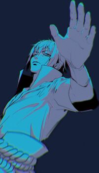 1boy blue_background commentary greyscale hair_between_eyes high_collar highres male_focus momoyoru1 monochrome naruto_(series) reaching reaching_towards_viewer rope_belt short_hair simple_background solo uchiha_sasuke upper_body