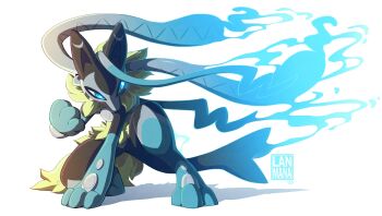 Rule 34 | aura, black fur, blue fur, body fur, commentary, english commentary, fluffy, gen 4 pokemon, glowing, glowing eyes, highres, lanmana, lucario, mega lucario z, mega pokemon, multicolored fur, nintendo, no humans, pokemon, pokemon (creature), pokemon focus, snout, tail, white background, yellow fur