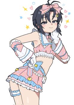 1girl antenna_hair black_eyes black_hair blush bow bowtie closed_mouth corrupted_twitter_file cowboy_shot detached_sleeves frilled_thigh_strap gloves hair_bow hand_up highres idolmaster idolmaster_(classic) idolmaster_starlit_season kikuchi_makoto layered_skirt leaning_forward looking_at_viewer looking_back official_alternate_costume ohgi910 pink_bow pink_bowtie pink_skirt short_hair simple_background skirt sleeveless smile solo standing sweet_dolls_(idolmaster) thigh_strap tomboy white_background white_gloves