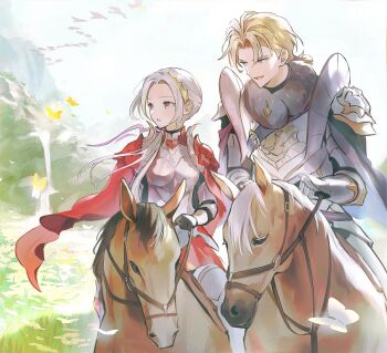 1boy 1girl animal armor blonde_hair blue_eyes blue_sky bug butterfly capelet couple dimitri_alexandre_blaiddyd edelgard_von_hresvelg fire_emblem fire_emblem:_three_houses fire_emblem_warriors:_three_hopes full_armor grass hair_over_shoulder headpiece highres horse ikaikakka insect korean_commentary looking_to_the_side nintendo official_alternate_costume open_mouth outdoors parted_hair ponytail purple_eyes red_capelet riding shade sky white_hair