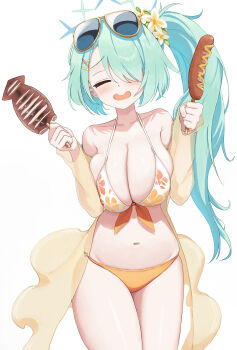 1girl absurdres aqua_hair bare_shoulders bikini blue_archive breasts cleavage closed_eyes commentary corn_dog cowboy_shot eyewear_on_head facing_viewer floral_print floral_print_bikini flower hair_flower hair_ornament hair_over_one_eye halo highres hiyori_(blue_archive) hiyori_(swimsuit)_(blue_archive) holding holding_skewer jacket large_breasts long_hair mikka_(537125) navel official_alternate_costume open_mouth orange_bikini orange_jacket print_bikini see-through_clothes see-through_jacket side_ponytail simple_background skewer smile solo squid sunglasses swimsuit white_background white_bikini