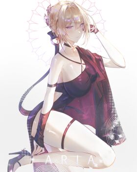 1girl a_r_i_a absurdres arm_behind_head arm_strap armband bare_shoulders black_coat black_dress black_gloves blonde_hair blush boots breasts coat coat_on_shoulders collar dress evelyn_chevalier from_side gloves hair_ornament high_heel_boots high_heels highres large_breasts light_smile long_ribbon looking_at_viewer purple_eyes single_glove smile solo standing standing_on_one_leg thigh_strap thighs white_background zenless_zone_zero