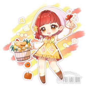 1girl ankle_socks apron artist_name bird bloomers bow brown_eyes brown_shoes brown_skirt brown_socks bucket chibi chicken country_lolita cross-laced_apron dot_nose egg eyelashes feilaiwa floral_print flower flower_tattoo frilled_sleeves frills hair_flower hair_ornament happy headscarf high-waist_skirt holding holding_bucket holding_mushroom infinity_nikki knees layered_sleeves leg_tattoo light_blush lolita_fashion long_sleeves looking_at_viewer medium_hair miniskirt mushroom nikki_(series) open_mouth outline pumpkin red_hair red_ribbon ribbon ribbon-trimmed_bloomers ribbon_legwear ribbon_trim shirt shoes short_over_long_sleeves short_sleeves skirt sleeves_past_wrists smile socks solo spiral standing stardew_valley stardew_valley_encounter_(infinity_nikki) tattoo two-tone_bow underwear watermark white_background white_bloomers white_bow white_flower white_headscarf white_outline white_shirt yellow_apron yellow_flower