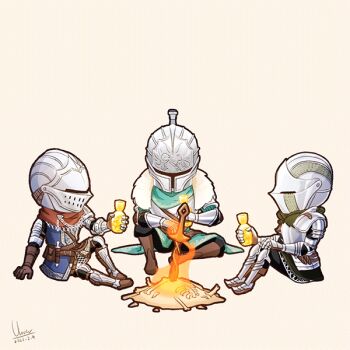 3others ambiguous_gender animated animated_gif armor ashen_one_(dark_souls) bearer_of_the_curse belt bone bonfire boots brown_belt brown_boots chosen_undead clovergrasswang commentary dark_souls_(series) dark_souls_i dark_souls_ii dark_souls_iii english_commentary estus_flask full_armor gauntlets helmet knight looping_animation multiple_others planted planted_sword planted_weapon signature sword weapon