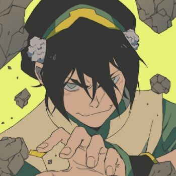 1boy avatar:_the_last_airbender avatar_legends black_hair blind closed_mouth green_eyes hair_between_eyes hat looking_at_viewer male_focus non-web_source pontyk_blya rock short_hair smile solo toph_beifong upper_body wristband yellow_background