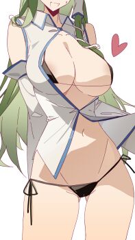 1girl areola_slip bare_shoulders bikini black_bikini blue_trim breasts button_gap collarbone collared_shirt commentary contrapposto cowboy_shot detached_sleeves gluteal_fold groin hair_ornament hair_tubes head_out_of_frame heart highres kochiya_sanae large_breasts long_hair long_sleeves navel no_pants partially_unbuttoned shirt side-tie_bikini_bottom single_hair_tube sleeveless sleeveless_shirt small_sweatdrop smile snake_hair_ornament solo standing stomach swimsuit touhou very_long_hair white_background white_shirt wing_collar wuliwuli909