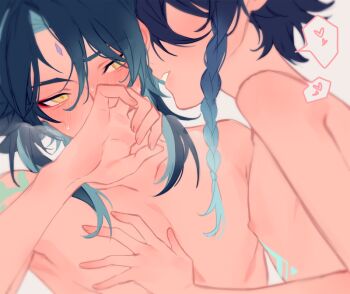 2boys arm_tattoo blue_hair blue_tattoo blush braid commentary facial_mark forehead_mark genshin_impact glowing glowing_tattoo green_hair green_tattoo hand_on_own_face heart male_focus multicolored_hair multiple_boys nipples nude short_hair short_hair_with_long_locks simple_background spoken_heart suke_81 sweat tattoo teeth two-tone_hair upper_body venti_(genshin_impact) white_background xiao_(genshin_impact) yaoi yellow_eyes