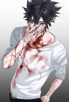 Rule 34 | 1boy, absurdres, aotu world, bags under eyes, black hair, black pants, bleeding, blood, blood on body, blood on clothes, blood on face, blood on hands, blood splatter, cigarette, covering own mouth, cuts, gradient background, grey background, hair between eyes, hand on own face, hand up, highres, holding, holding cigarette, injury, looking at viewer, male focus, pants, pointy ears, purple eyes, ray (aotu world), scar, scar on arm, shirt, short hair, short sleeves, simple background, smoke, smoking, solo, spiked hair, t-shirt, white shirt, yigeniuren