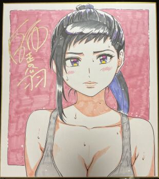 1girl black_hair blue_eyes blush breasts character_request colored_inner_hair colorized highres large_breasts lips lipstick long_hair looking_at_viewer makeup multicolored_hair ponytail shikishi shiwasu_no_okina sideboob signed simple_background tagme tank_top