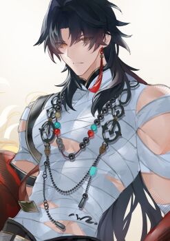 Rule 34 | 1boy, absurdres, ahoge, bandages, beads, black hair, blade (honkai: star rail), blue hair, collar, commentary, covered abs, double-parted bangs, earrings, english commentary, highres, honkai: star rail, honkai (series), jewelry, long hair, male focus, mortenax blade (honkai: star rail), necklace, parted lips, red eyes, see-through clothes, simple background, single earring, tassel, toned, toned male, upper body, vernoir, very long hair