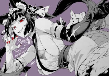 Rule 34 | 1girl, animal, animal ear fluff, animal ears, animal on arm, bare shoulders, belt, black choker, blunt bangs, breasts, choker, commission, commissioner upload, covered erect nipples, detached sleeves, dutch angle, elbow gloves, extra ears, fang, fishnet pantyhose, fishnets, flower, fox, fox ears, fox girl, fox tail, gloves, hair flower, hair ornament, highres, indie virtual youtuber, iro marimo, jitome, kyuko meirin, large breasts, long hair, looking at viewer, mole, mole under eye, nail polish, pantyhose, pasties, ponytail, purple background, red eyes, red nails, second-party source, see-through clothes, signature, simple background, single detached sleeve, single elbow glove, skeb commission, smile, solo, spot color, star (symbol), star pasties, tail, thank you, virtual youtuber