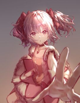 1girl bow bow_choker bubble_skirt buttons center_frills chest_jewel chinese_commentary choker circle_skirt circon collarbone commentary_request cowboy_shot dot_nose dress dress_bow expressionless eyelashes floating_hair frilled_dress frilled_skirt frilled_sleeves frills gem gloves gradient_background grey_background hair_between_eyes hair_bow hand_on_lap highres kaname_madoka looking_at_viewer loose_hair_strand magical_girl mahou_shoujo_madoka_magica mahou_shoujo_madoka_magica_(anime) miniskirt orange_background palms parted_lips pink_dress pink_eyes pink_gemstone pink_hair puffy_short_sleeves puffy_sleeves reaching red_bow red_choker short_dress short_hair short_sleeves short_twintails simple_background skirt skirt_under_dress solo square_neckline tareme twintails two-tone_background white_gloves white_skirt white_sleeves wind