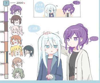 ... 1other 6+girls akiyama_mizuki arm_at_side arm_up asahina_mafuyu black_hair black_shirt blonde_hair blue_eyes blue_jacket blush brown_eyes brown_hair brown_pants cardigan chibi chibi_inset closed_mouth colored_speech_bubble dot_nose expressionless flying_sweatdrops gradient_hair green_hair grey_eyes hair_between_eyes hair_ornament hair_scrunchie hanasato_minori hashtag-only_commentary headpat high_ponytail highres hoshino_ichika_(project_sekai) jacket jitome kano2007226 kiss_meter_(meme) kusanagi_nene long_hair long_sidelocks long_sleeves meme mochizuki_honami multicolored_hair multiple_girls open_cardigan open_clothes open_jacket orange_hair pants parted_lips pink_eyes pink_hair ponytail project_sekai purple_eyes purple_hair purple_shirt scrunchie shinonome_ena shirt side_ponytail sidelocks simple_background speech_bubble spoken_ellipsis sweat tenma_saki track_jacket translation_request upper_body white_background white_cardigan white_hair white_scrunchie yoisaki_kanade