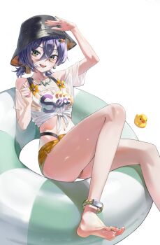 1girl absurdres anklet barefoot belle_(summer_skies)_(zenless_zone_zero) belle_(zenless_zone_zero) black_hat blue_hair bucket_hat commentary deokgi_(hongdeosgi) green_eyes hair_between_eyes hat highres jewelry looking_at_viewer midriff navel off-shoulder_shirt off_shoulder official_alternate_costume on_innertube open_mouth orange_shorts print_shirt rubber_duck shading_eyes shirt short_hair short_shorts short_twintails shorts simple_background sitting smile solo teeth tied_shirt twintails upper_teeth_only white_background white_shirt zenless_zone_zero