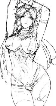 1girl armpits arms_behind_head arms_up bare_shoulders breasts j@ck kid_icarus kid_icarus_uprising large_breasts long_hair looking_at_viewer navel nintendo palutena parted_bangs revealing_clothes sketch solo thighs unfinished
