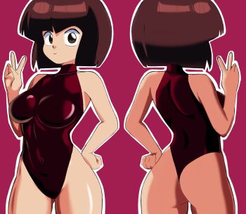 1girl ass bare_shoulders blunt_bangs blunt_ends border breasts brown_eyes brown_hair chiity_(chitysketc52307) closed_mouth commentary covered_collarbone covered_navel covered_shoulder_blades cowboy_shot curvy front_and_back hand_on_own_hip hand_up heattech_leotard highleg highleg_leotard highleg_one-piece_swimsuit highres large_breasts leotard light_smile looking_at_viewer multiple_views one-piece_swimsuit ranma_1/2 red_background red_leotard romaji_commentary shiny_skin simple_background sleeveless_turtleneck_leotard smile solo_focus standing tendou_nabiki turtleneck v white_border wide_hips