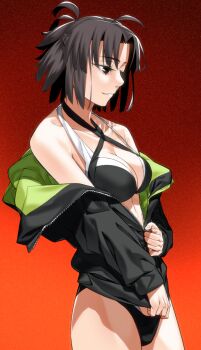 1girl ahoge bare_shoulders bikini black_bikini black_eyes black_hair black_jacket breasts cowboy_shot criss-cross_halter fate/grand_order fate_(series) from_side gradient_background green_jacket halterneck highleg highleg_bikini jacket light_smile looking_to_the_side medium_breasts multi-strapped_bikini_top parted_lips partially_unzipped ryougi_shiki ryougi_shiki_(swimsuit_mooncancer)_(second_ascension) short_hair solo swimsuit trick1601