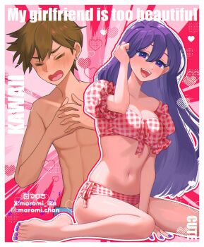 1boy 1girl alternate_costume alternate_eye_color alternate_hair_color arm_support barefoot bikini blush breasts brown_hair checkered_bikini checkered_clothes cleavage closed_eyes collarbone dark-skinned_male dark_skin double-parted_bangs ear_piercing english_text hair_between_eyes heart hero_(faraway)_(omori) hero_(omori) long_hair male_focus mari_(faraway)_(omori) mari_(omori) maromichan medium_breasts multicolored_bikini navel omori open_mouth piercing purple_eyes purple_hair purple_nails red_bikini short_hair sitting smile swimsuit teeth tongue topless_male upper_teeth_only wariza white_bikini