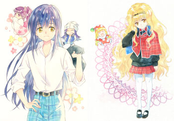 2boys 3girls 5girls ^_^ agahari androgynous beanie belt belt_buckle black_belt black_shoes black_sweater blonde_hair blue_hair blue_pants blue_vest brown_eyes buckle capelet cherry_blossoms chibi closed_eyes closed_mouth collared_shirt commentary_request dress_shirt floral_print floral_print_kimono flower fujisaki_nagihiko grin guardian_chara hair_flower hair_ornament hand_on_own_hip hand_up hat head_tilt headphones headphones_around_neck highres holding holding_jacket holding_unworn_clothes jacket japanese_clothes jester jester_cap kimono kusu_kusu_(shugo_chara!) light_smile long_hair long_sleeves looking_at_another mary_janes mashiro_rima multiple_boys multiple_girls neck_ruff open_clothes open_vest pants pantyhose pink_flower pink_kimono plaid_capelet plaid_clothes plaid_pants plaid_skirt pleated_skirt pointy_shoes polka_dot_headwear pom_pom_(clothes) ponytail print_kimono purple_eyes purple_hair red_capelet red_hat red_skirt rhythm_(shugo_chara!) school_uniform seiyo_academy_school_uniform shirt shoes shugo_chara! sideways_glance skirt sleeves_rolled_up smile standing sweater temari_(shugo_chara!) unworn_jacket very_long_hair vest wavy_hair white_hat white_pantyhose white_shirt white_shoes wide_sleeves yellow_eyes