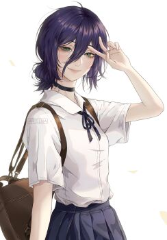 1girl artelsia backpack bag black_choker black_ribbon blue_skirt breasts chainsaw_man choker closed_mouth collared_shirt green_eyes grenade_pin hair_between_eyes hair_bun highres light_smile looking_at_viewer neck_ribbon purple_hair reze_(chainsaw_man) ribbon school_uniform shirt shirt_tucked_in skirt small_breasts solo v white_background white_shirt