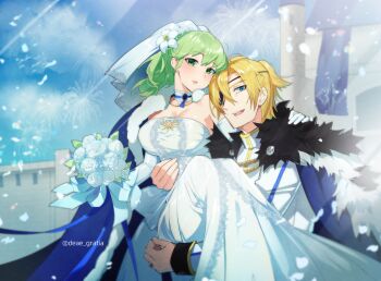 1boy 1girl :d alternate_costume alternate_hairstyle artist_name blue_sky bouquet breasts bride carrying cleavage coat confetti dimitri_alexandre_blaiddyd dimitri_alexandre_blaiddyd_(timeskip) dress elbow_gloves eyepatch female_byleth_(awakened)_(fire_emblem) female_byleth_(fire_emblem) fire_emblem fire_emblem:_three_houses flower fur-trimmed_coat fur_trim gloves green_eyes green_hair groom hair_flower hair_ornament hetero highres holding holding_bouquet husband_and_wife large_breasts long_sleeves nintendo open_mouth ponytail princess_carry sky smile tongue twitter_username watermark wedding_dress white_gloves yomos_gara