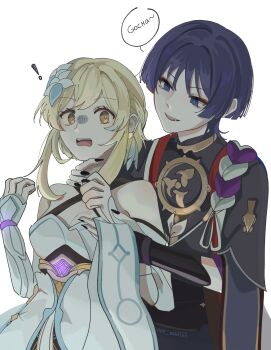 Rule 34 | !, 1boy, 1girl, absurdres, alternate hairstyle, arm cutout, armor, artist name, bare shoulders, behind another, black bodysuit, black hair, black kimono, black nails, black sleeves, blonde hair, blue feathers, blue flower, blue trim, blunt ends, bodysuit, breasts, bright pupils, cleavage, clothing cutout, commentary, criss-cross halter, detached sleeves, dress, earrings, english commentary, eyelashes, eyeliner, eyeshadow, fangs, feather earrings, feathers, fingernails, flower, furisode, gem, genshin impact, glowing gem, gold, hair flower, hair ornament, half updo, halterneck, hand on another's neck, hands up, head tilt, highres, holding, holding unworn clothes, holding unworn scarf, japanese armor, japanese clothes, jewelry, juban, kimono, kote, kurokote, layered sleeves, looking at another, lumine (genshin impact), makeup, mandarin collar, medium breasts, mismatched pupils, mitsudomoe (shape), multicolored flower, multicolored hair, neck ring, nee madiiiii, open clothes, open hand, open kimono, purple eyes, purple gem, purple hair, purple sleeves, red eyeliner, red eyeshadow, red kimono, red pupils, scaramouche (genshin impact), scarf, sharp fingernails, short hair, short hair with long locks, short sleeves, sidelocks, speech bubble, streaked hair, teeth, tomoe (symbol), tsurime, unworn scarf, upper teeth only, vambraces, white background, white dress, white flower, white kimono, white pupils, white scarf, white sleeves, wide-eyed, wispy bangs