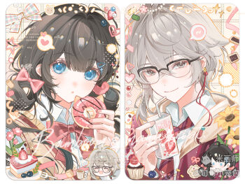 1boy 1girl :o black_hair blue_eyes blunt_bangs border bow bowtie closed_mouth collared_shirt donut double-parted_bangs food glasses grey_eyes grey_hair hair_between_eyes hair_bow holding holding_donut holding_food holding_juice_box jacket long_hair looking_at_viewer mihuashi_username necktie open_mouth original over-rim_eyewear portrait red_bow red_bowtie red_jacket red_necktie semi-rimless_eyewear shirt short_hair smile striped_necktie watermark white_border white_shirt xun_xun_xiaolongbao