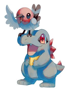 animal_focus beak bird fangs fletchling gen_2_pokemon gen_6_pokemon highres nintendo no_humans open_mouth p9kfxaofqi54546 pokemon pokemon_(creature) pokemon_focus red_eyes sharp_teeth simple_background smile tail talons teeth totodile white_background wings