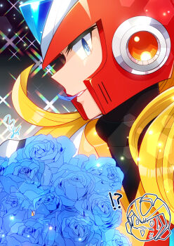 Rule 34 | !?, 2boys, android, armor, blonde hair, blue eyes, blue flower, cape, clenched teeth, coat, flower, forehead jewel, glowing, gradient background, half-closed eyes, head only, helmet, highres, jewelry, lab coat, long hair, looking at viewer, mega man (series), mega man x (series), mega man x dive, multiple boys, no-rishio, petal in mouth, petals, ponytail, red armor, red helmet, robot, robot ears, sparkle background, teeth, very long hair, white cape, white coat, x (mega man), zero (mega man)