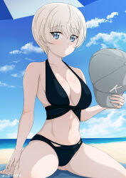 Rule 34 | 1girl, baseball cap, beach, beach towel, bikini, black bikini, blue eyes, blue hat, blue sky, breasts, closed mouth, cloud, cloudy sky, commentary, day, girls und panzer, halterneck, hat, holding, holding unworn clothes, holding unworn hat, horizon, inoshira, light smile, looking at viewer, medium breasts, navel, ocean, outdoors, short hair, sitting, sky, solo, swimsuit, towel, twitter username, unworn hat, unworn headwear, wariza, white hair, youko (girls und panzer)