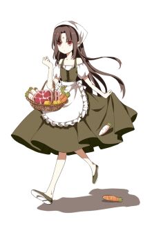 Rule 34 | 1boy, alternate costume, apron, bare shoulders, basket, black hair, carrot, commentary request, crossdressing, crossdressing (mtf), daikon, dress, facial mark, fire emblem, fire emblem: path of radiance, food, forehead mark, full body, long hair, male focus, mana (tonyandtony), meat, nintendo, radish, red eyes, solo, soren (fire emblem), spring onion, white apron